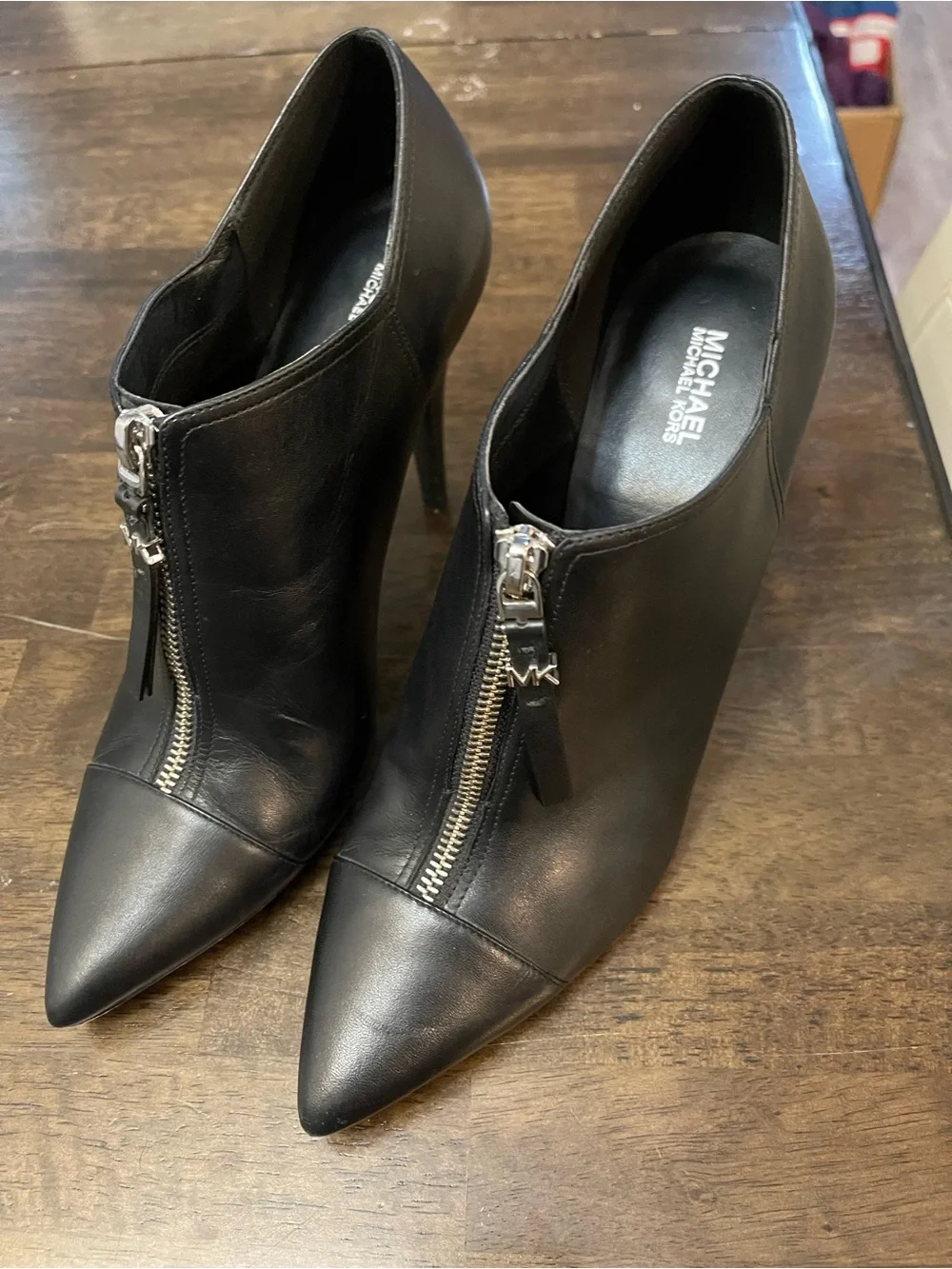 Michael Kors Black Leather Pointed Toe Zip Ankle Booties